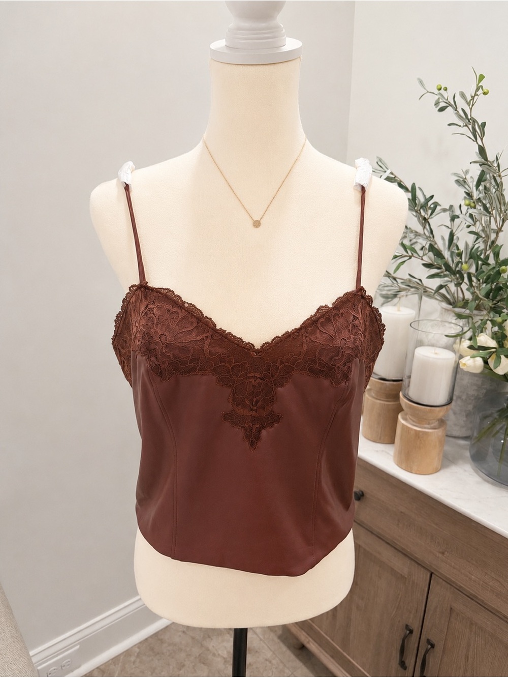 NWT Express Cognac Faux Leather and Lace Camisole Top